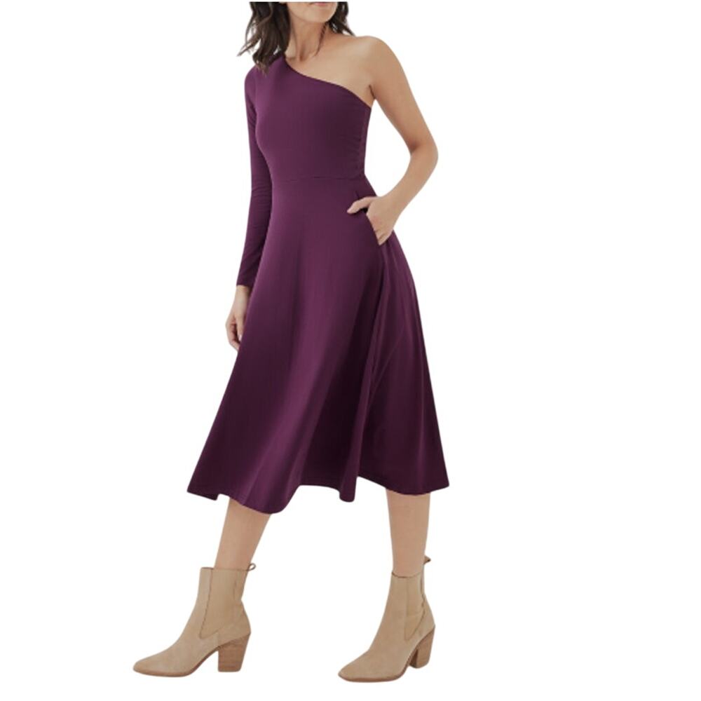 Pact Women's Midi One Shoulder Dress Fit Flare Cotton Stretch sz S Plum Purple